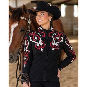 Western Show Jacket Womens Medium Rhinestone Black Red Silver Showmanship Rodeo
